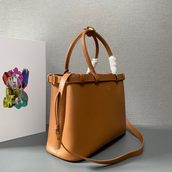 Pra*a buckle leather handbag with double belt-35*25*14cm