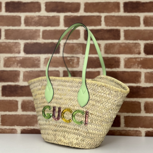 G*u*i small straw tote with G*u*i logo